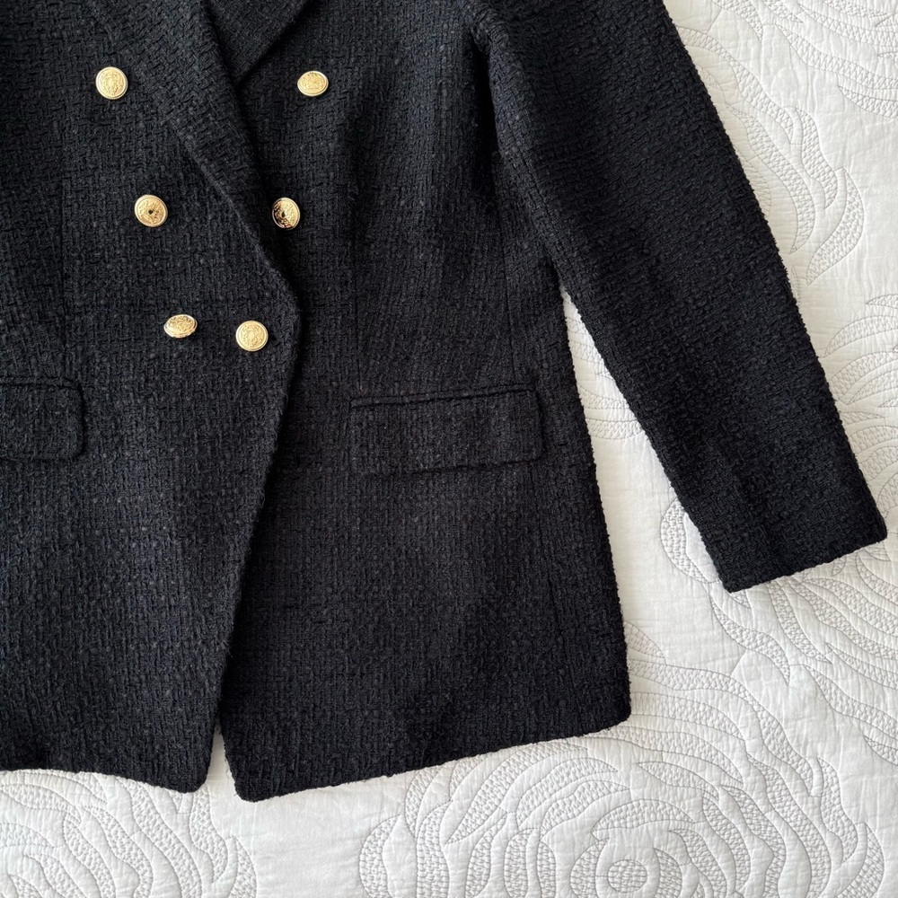 Zara - Double Breasted Textured Weave Blazer - Black - Picture 8 of 13